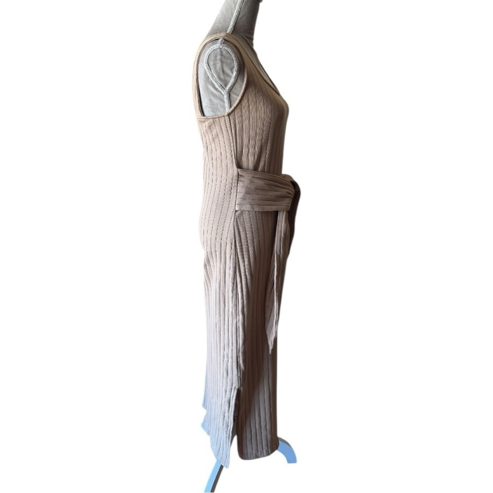 Sancia Ribbed Knit Maxi Dress XS Tan Beige Cotton Sleeveless Belted Tie Front - Picture 5 of 9